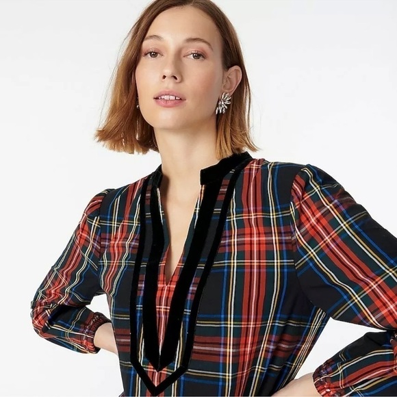 J. Crew Velvet-Trimmed V-Neck Tunic In Black Stewart Tartan Size XS Holiday - Picture 2 of 13